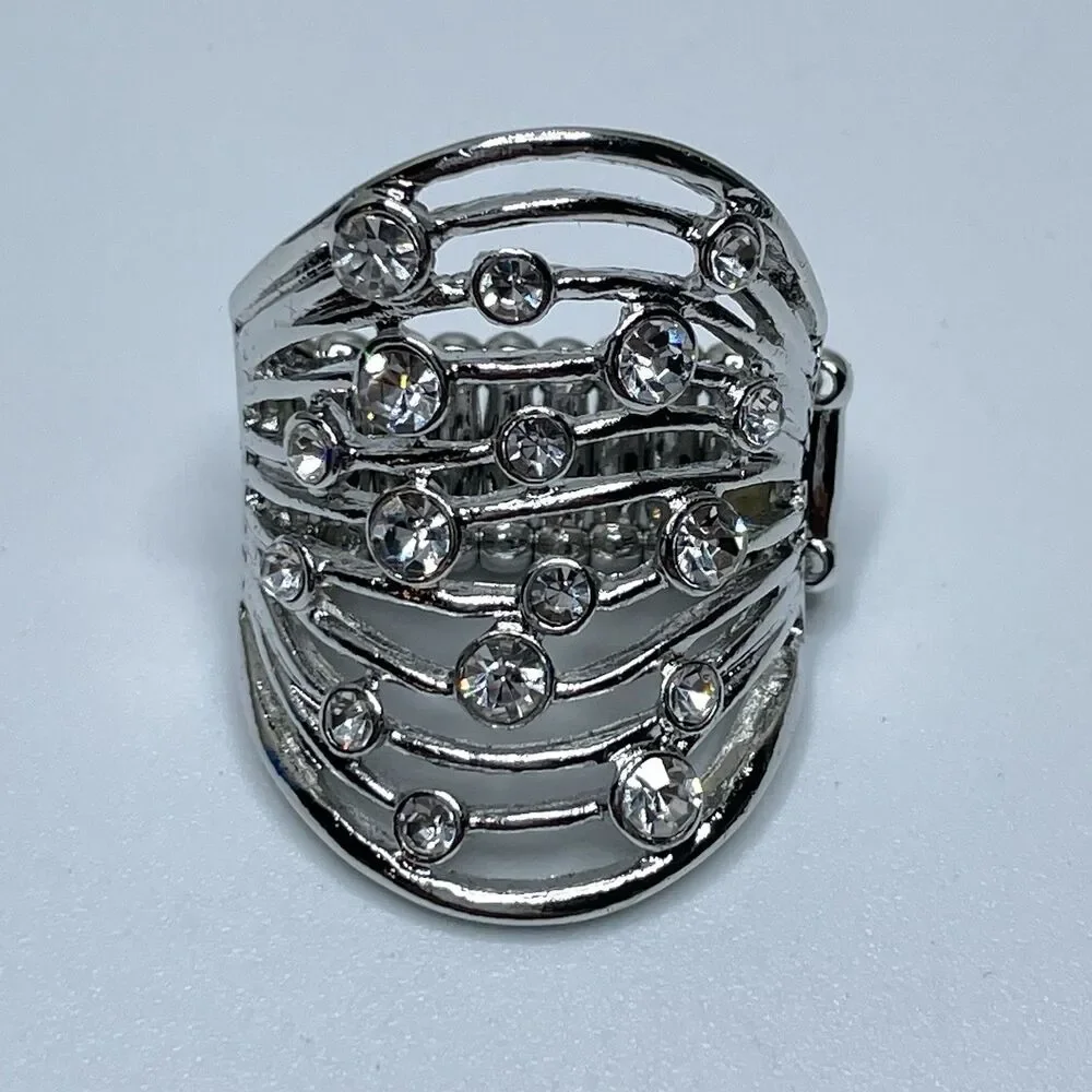 Stunning Silver Tone White Rhinestone Wide Stretch Band Ring Statement Fashion